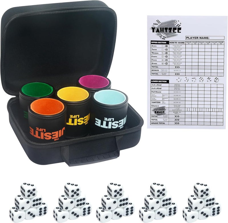 JIESITE Leather Dice Cup Set Lined Quiet Dice Shaker Cup with 5 Dice Cup and 30 Acrylic Dices Exclusive Storage and Transport Case for Travel Yahtzee Game Farkle Classic Dice Liars Dice (Mixed) - Image 1